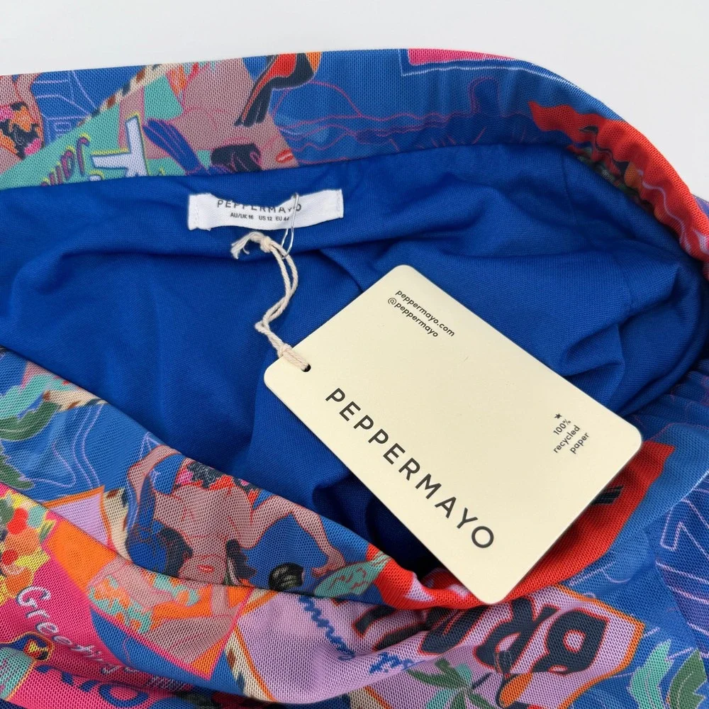 Peppermayo Mesh Mini Skirt Postcard Travels Size 12 Blue Tropical Rio Brazil NEW